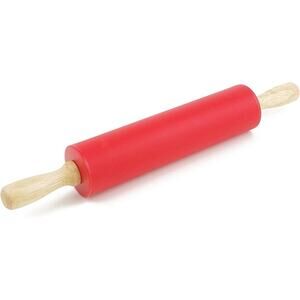 Non-stick Silicone Rolling Pin for Baking, Dough Roller with Wooden Handle- Red